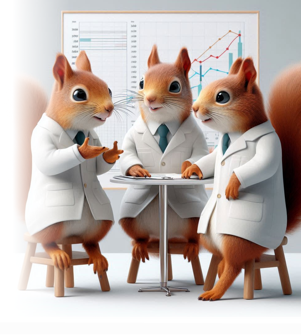 AI generated image featuring three squirrels wearing lab coats. They are sitting around a table, enthusiastically discussing a series of data visualisations on the wall behind them.