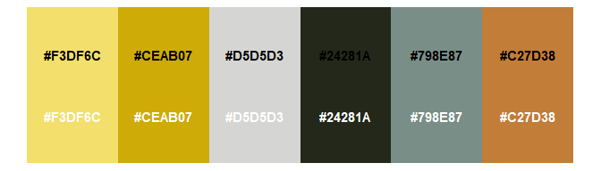 The colours from the specified palette shown as annotated tiles, with the hex codes in black and white within the top and bottom of each colour.