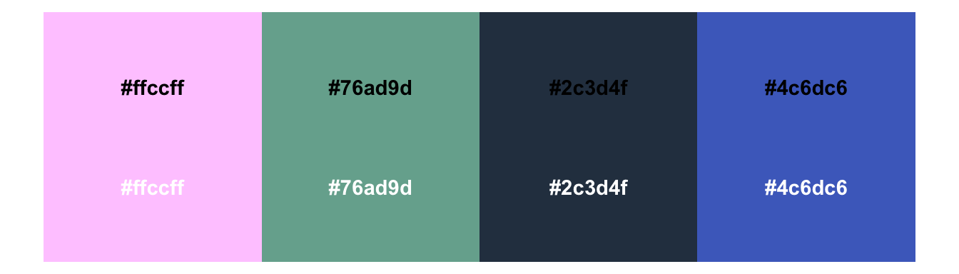 Four bars of colours side by side: a light pink, a mid green, a dark grey/blue and a mid blue. One each of the bars, we see the hex codes for the colours written in both black and white: #ffccff,#76ad9d, #2c3d4f, #4c6dc6